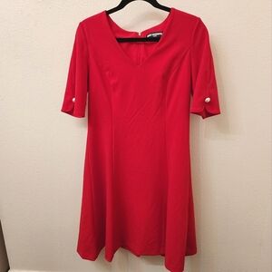 Karl Lagerfeld Red V Neck Pinup Style A Line Dress. 3/4 Sleeve  Pearl Holiday